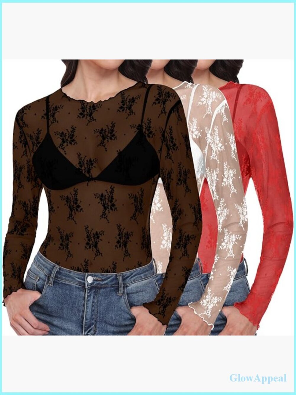 Lace Long Sleeve Mesh Sheer Top Mock Neck Floral Blouse